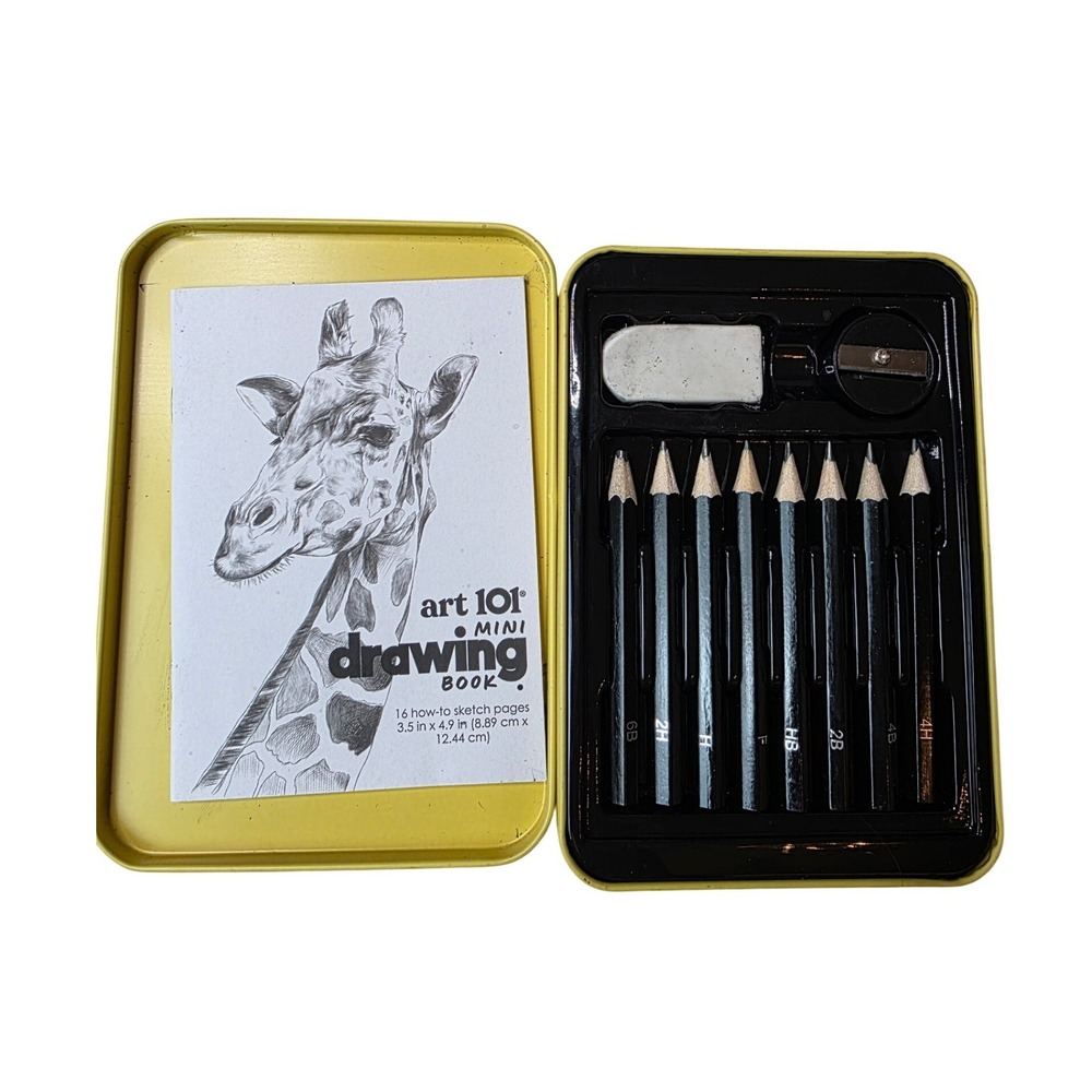 Art 101‎ Mini Drawing Book Set with 8 Pencils Eraser Sharpener in Yellow Tin C2